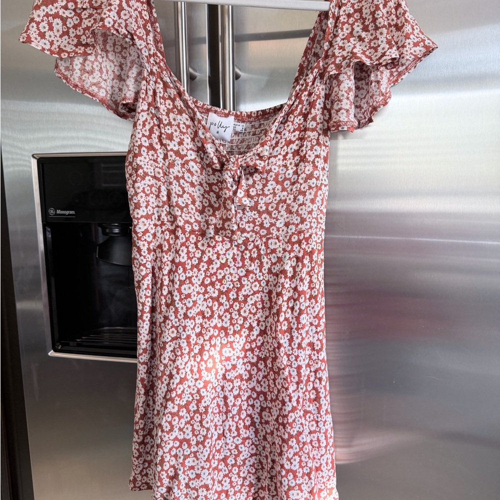 Polly & Esther Rust Floral Ruffle-Sleeve Mini Dress